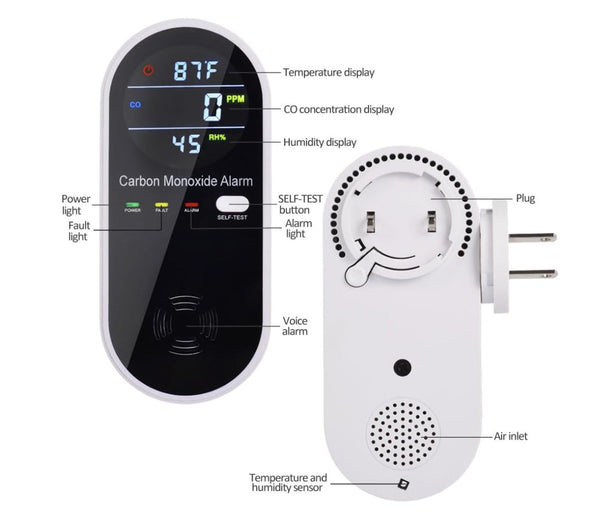3-in-1 Carbon Monoxide Detector, Carbon Monoxide Detector Plug in Wall with Temperature & Humidity Display