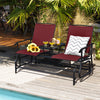 2-Person Double Rocking Loveseat with Mesh Fabric and Center Tempered Glass Table-Red