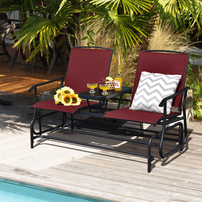 2-Person Double Rocking Loveseat with Mesh Fabric and Center Tempered Glass Table-Red