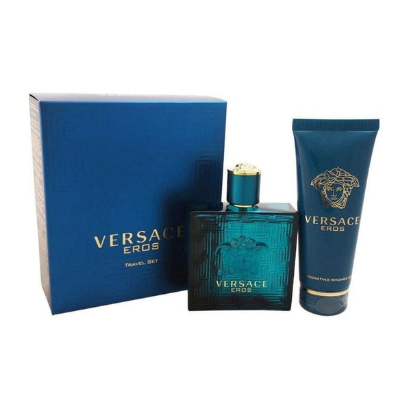  2 piece gift set Versace Eros perfume set with blue bottle and tube on a white background