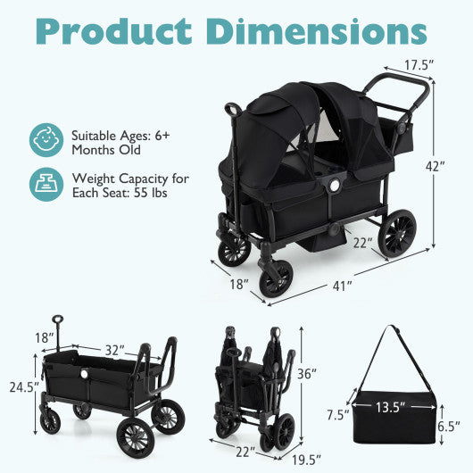 2 Seater Push Pull Collapsible Kids Wagon Stroller with Adjustable Handlebars-Black