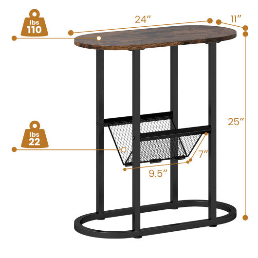 2-tier Oval Narrow Bedside End Table-Rustic Brown