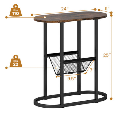 2-tier Oval Narrow Bedside End Table-Rustic Brown