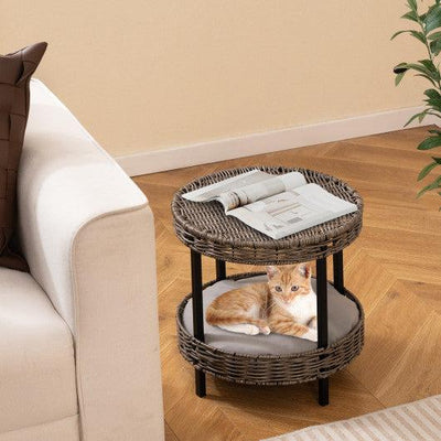 2-tier Rattan Cat Nest with Removable Padded Cushion-Gray