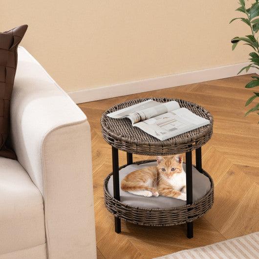 2-tier Rattan Cat Nest with Removable Padded Cushion-Gray