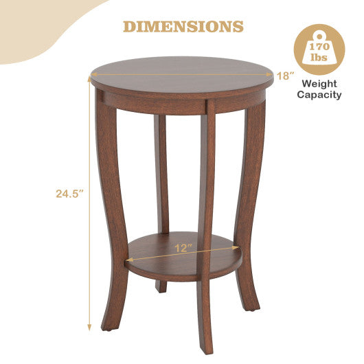 2-tier Round End Table with Solid Wood Legs-Brown