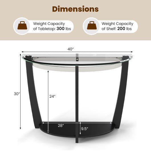2-tier Tempered Glass Console Table with Clear Glass Top and Open Shelf-Black