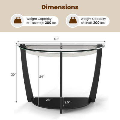 2-tier Tempered Glass Console Table with Clear Glass Top and Open Shelf-Black