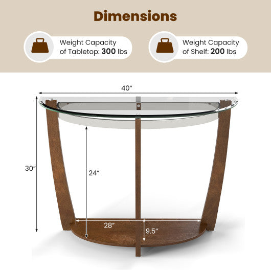 2-tier Tempered Glass Console Table with Clear Glass Top and Open Shelf-Walnut