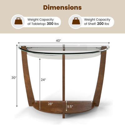 2-tier Tempered Glass Console Table with Clear Glass Top and Open Shelf-Walnut