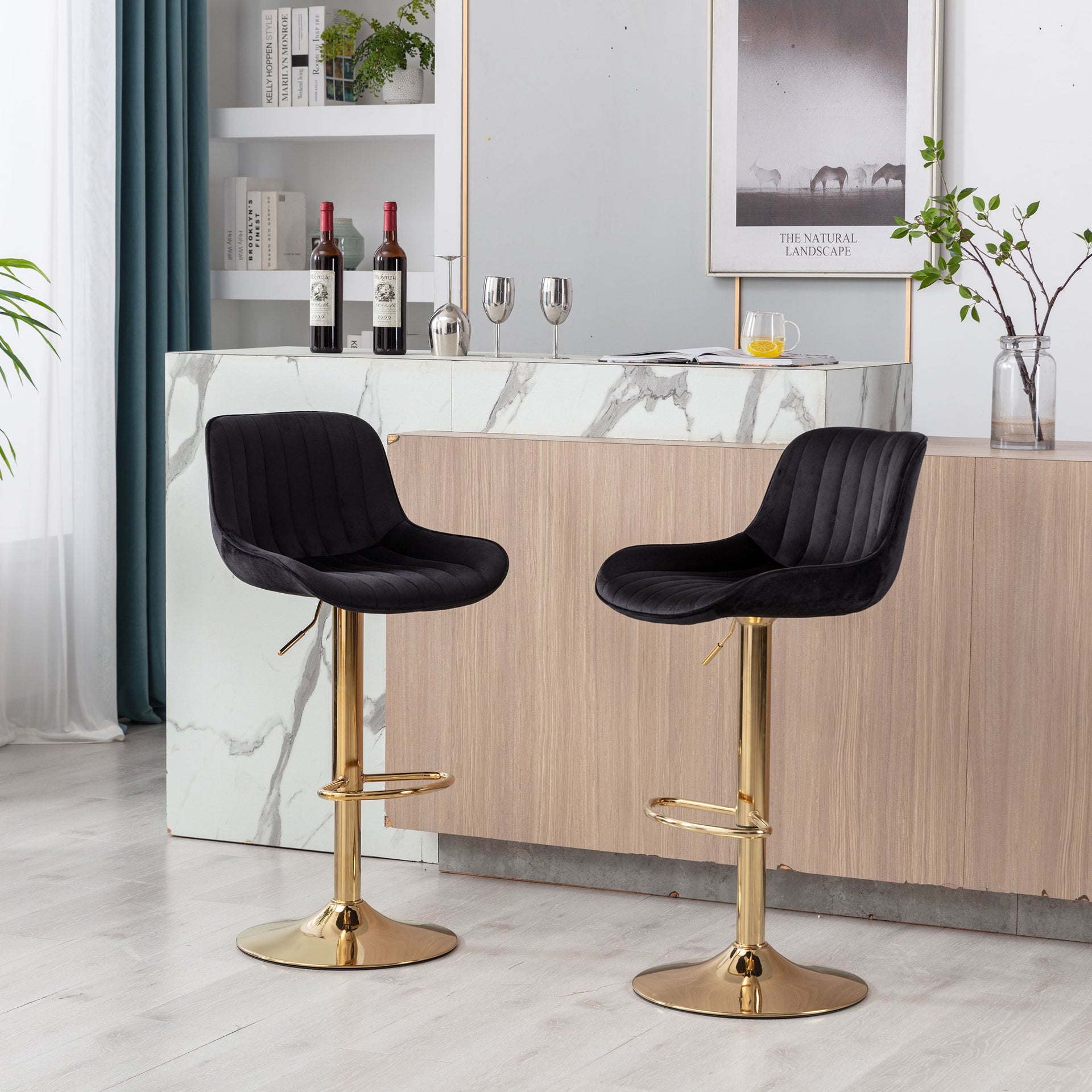 Chrome Footrest & Base Swivel Height-Adjustable Velvet Golden-Leg Bar Stool