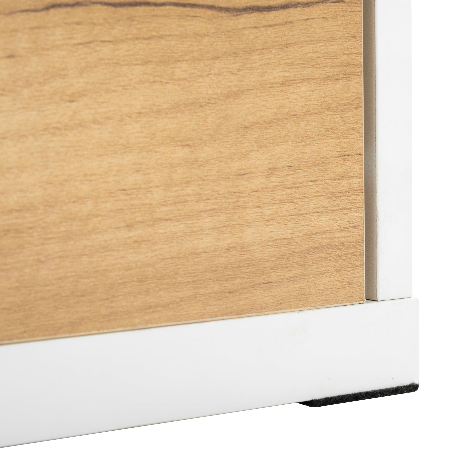 Close-up of wood grain texture on drawer panel of Extendable TV Stand with 3 Tier Bookshelves, showcasing natural finish.