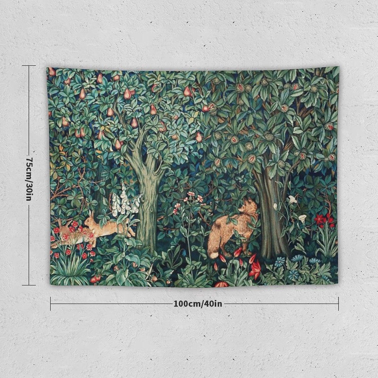 GREENERY, FOREST ANIMALS Fox And Hares Blue Green Floral Tapestry Tapestry