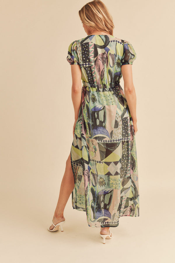 Lace Detail Slit Geometric Print Short Sleeve Maxi Comfortable Dress For Women, Elegant Lace, Alluring Slit, Sophisticated Geometric Print for Casual & Dressy Occasions