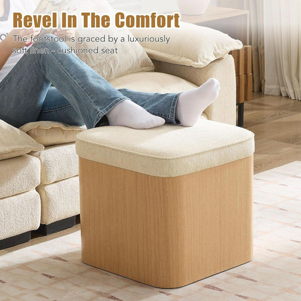 Beige Linen Upholstered Storage Ottoman With Footrest