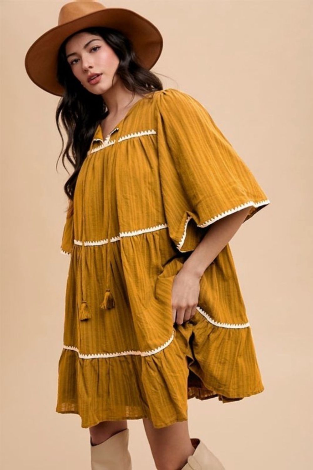 Tassel Contrast Trim Tie Neck Half Sleeve Tiered Dress For Women – Bohemian Inspired Tiered Dress with Tassel Accents and Contrast Trim for a Playful Look