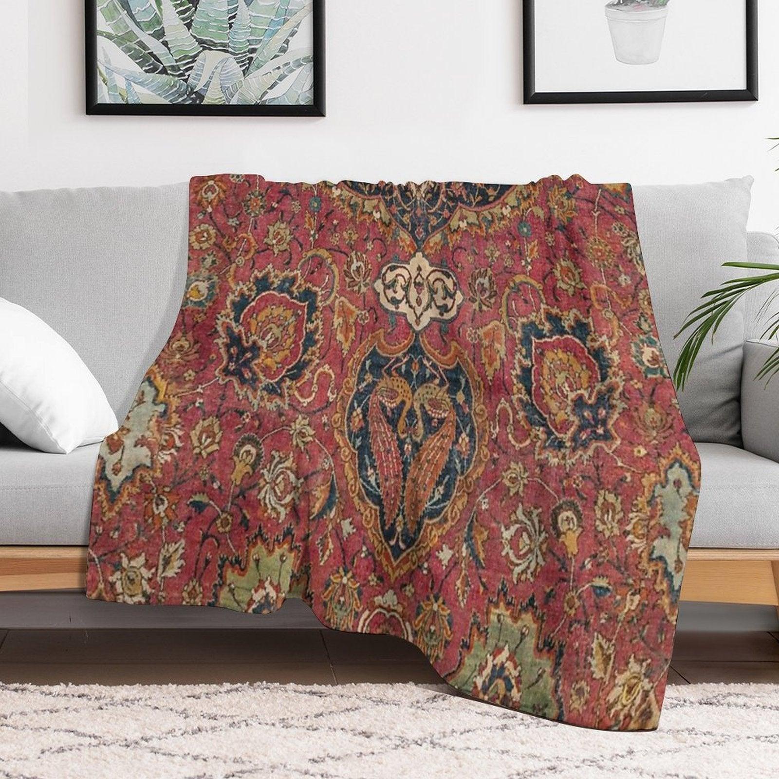 Persian Medallion Rug VIII  16th Century Distressed Red Green Blue Flowery Colorful Ornate Pattern Throw Blanket