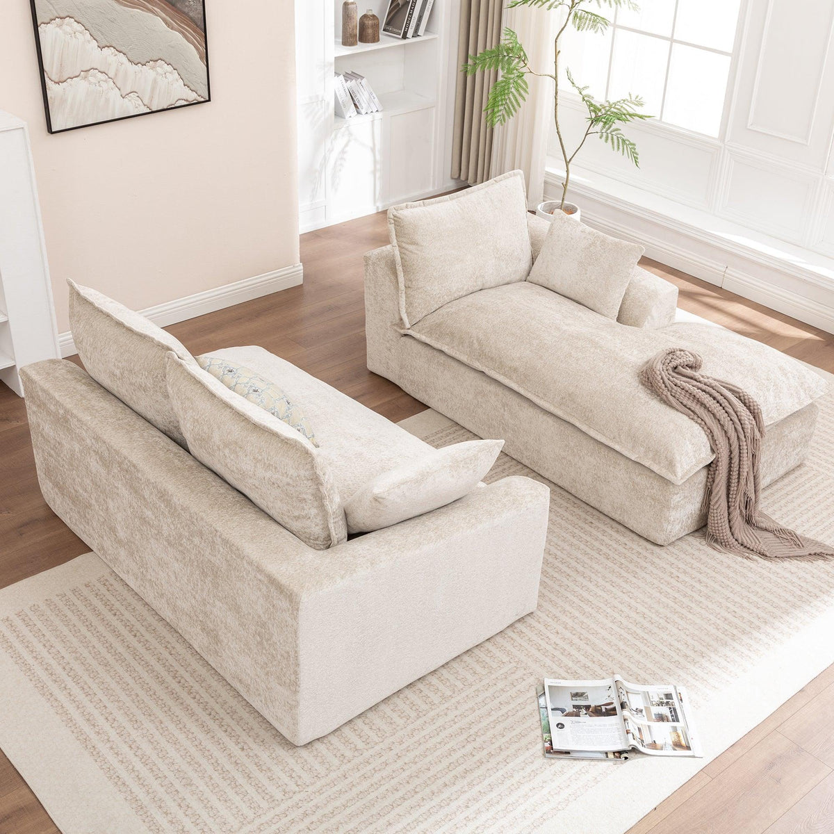 Ivory Chenille L‑Shaped Modular Sectional Compressed Sofa