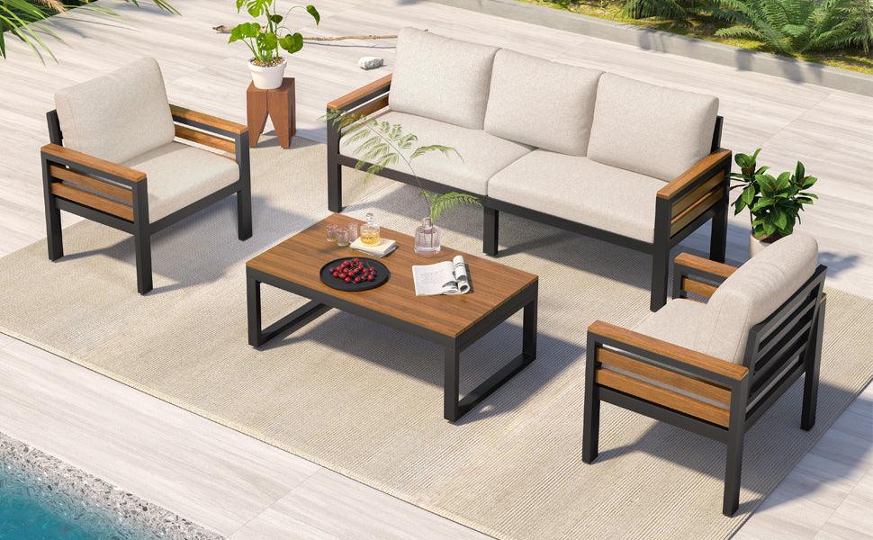 4-Piece Outdoor Furniture Sofa Set for 5 People with Acacia Wood Armrests