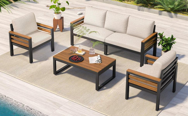 4-Piece Outdoor Furniture Sofa Set for 5 People with Acacia Wood Armrests