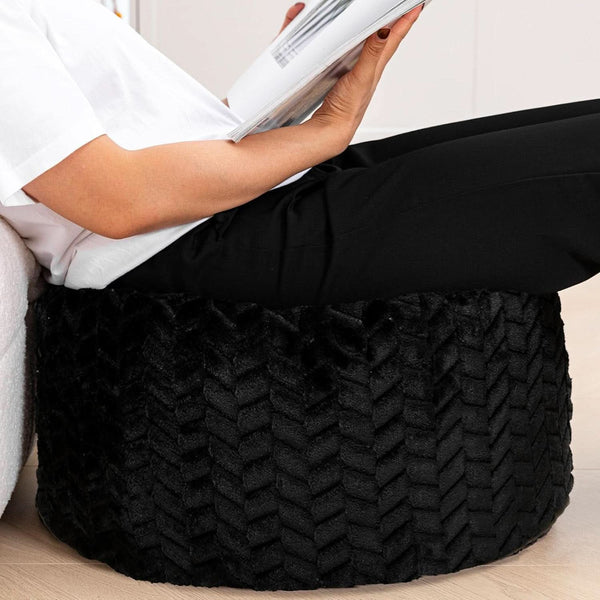Round Plush Pouf Ottoman 20x12 Inches Black Upholstered