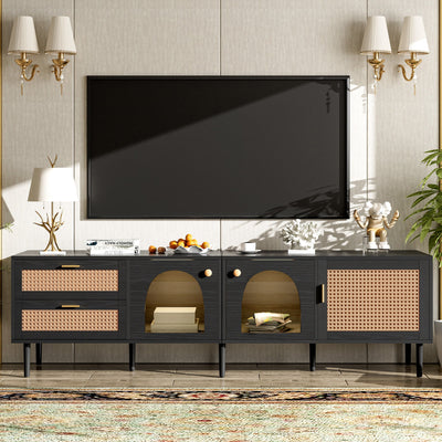 Rattan TV Stand with 3 Cabinets & 2 Drawers, Rattan-inspired Media Console Table for TVs up to 80'', LED Light Entertainment Center, TV cabinet for Living room, Bedroom, Home Theatre