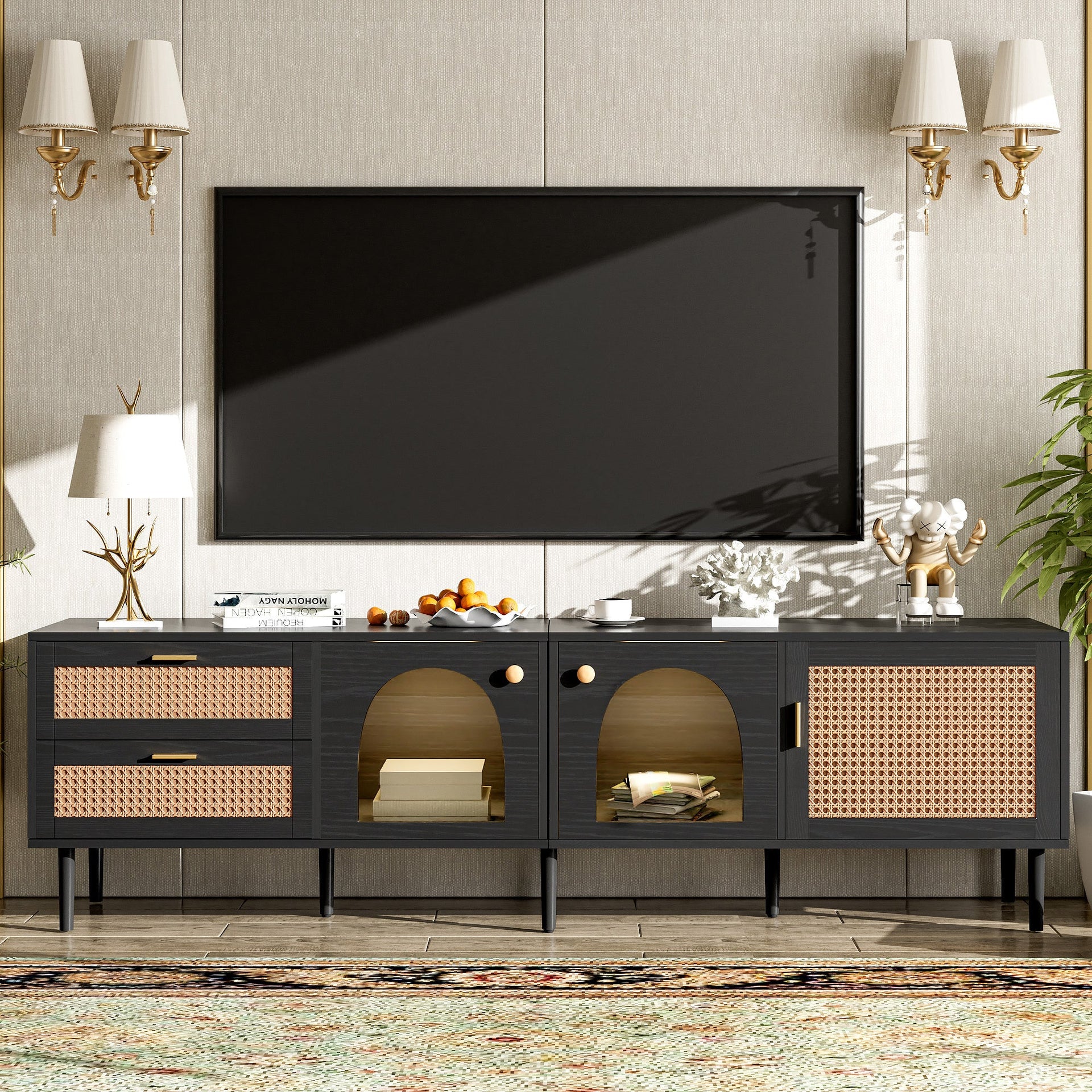 Rattan TV Stand with 3 Cabinets & 2 Drawers, Rattan-inspired Media Console Table for TVs up to 80'', LED Light Entertainment Center, TV cabinet for Living room, Bedroom, Home Theatre