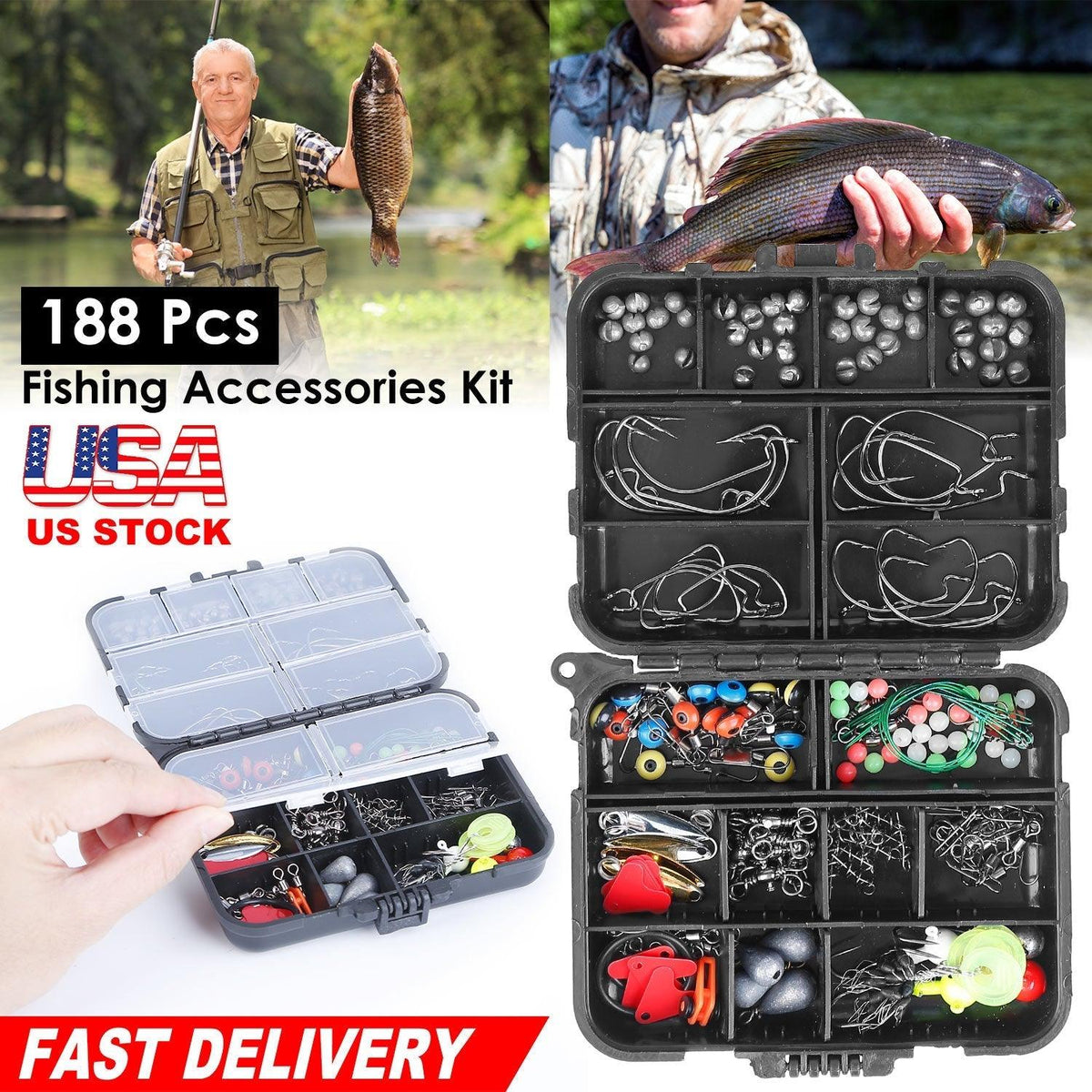188Pcs Fishing Accessory Kit Portable Fishing Set Including Jig Hooks Sinker Weights Spoon Lure Removable Split Shot w/ Tackle Box