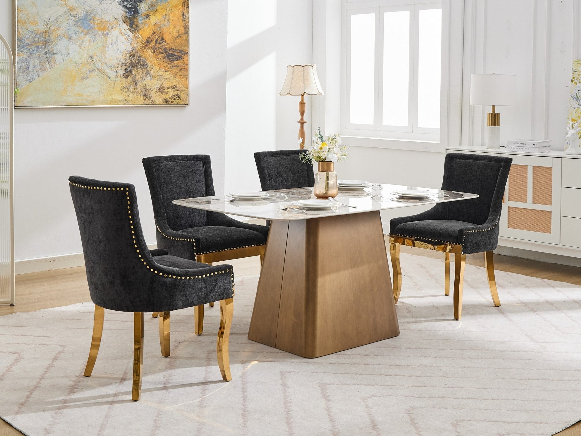 Chenille Dining Chairs Modern Style with Curved Gold-Plated Legs & Rivet Trim