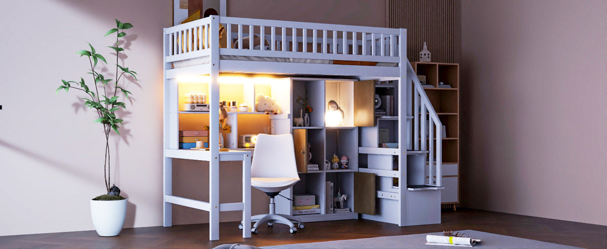 Wood Twin Size Loft Bed with Built-in Desk, LED, Storage Shelves, Cabinets and Staircase