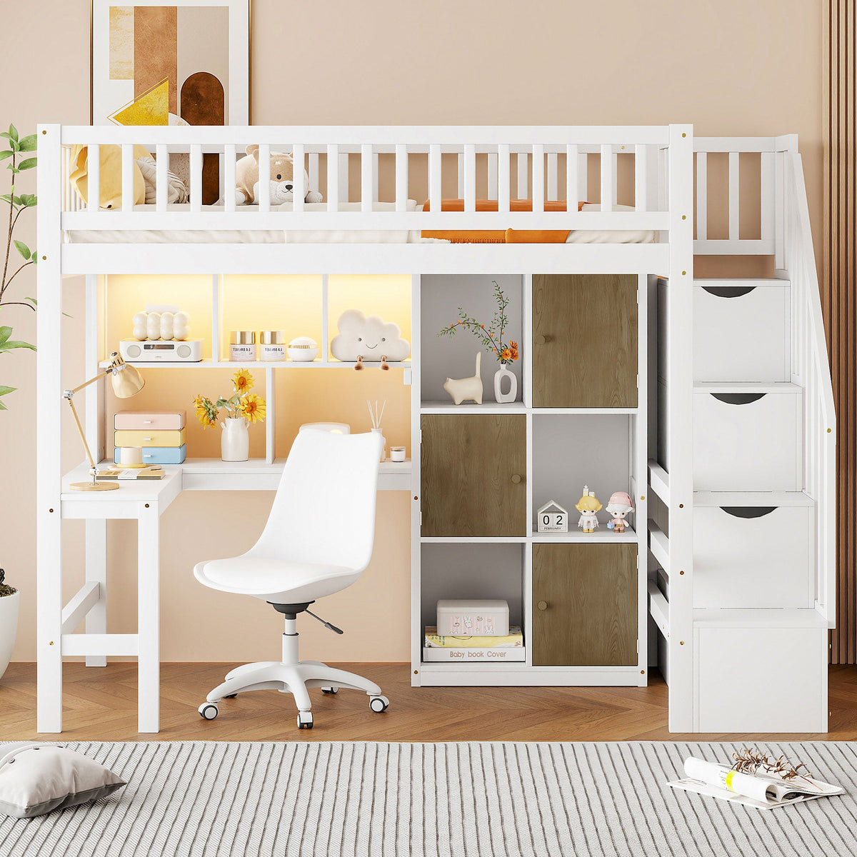 Wood Twin Size Loft Bed with Built-in Desk, LED, Storage Shelves, Cabinets and Staircase