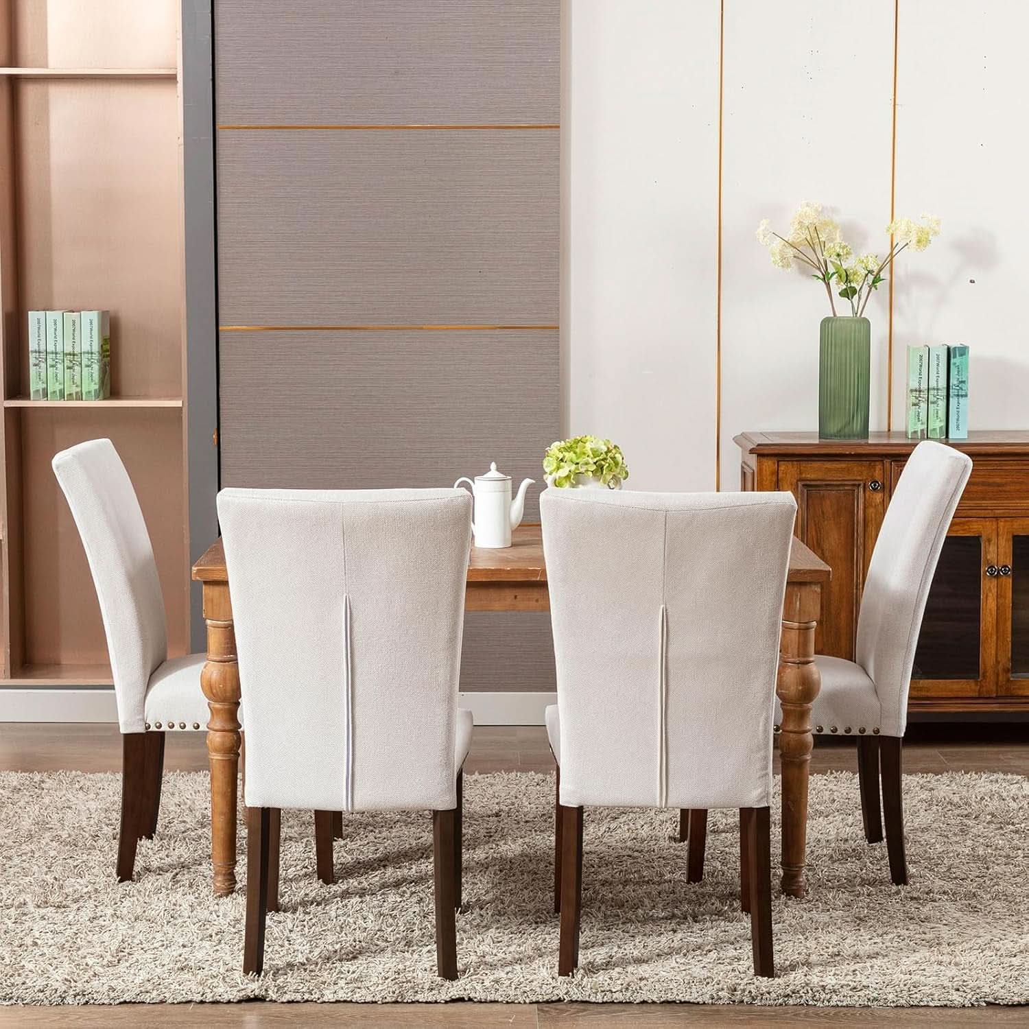 Beige Linen Upholstered High Back Counterheight Chairs