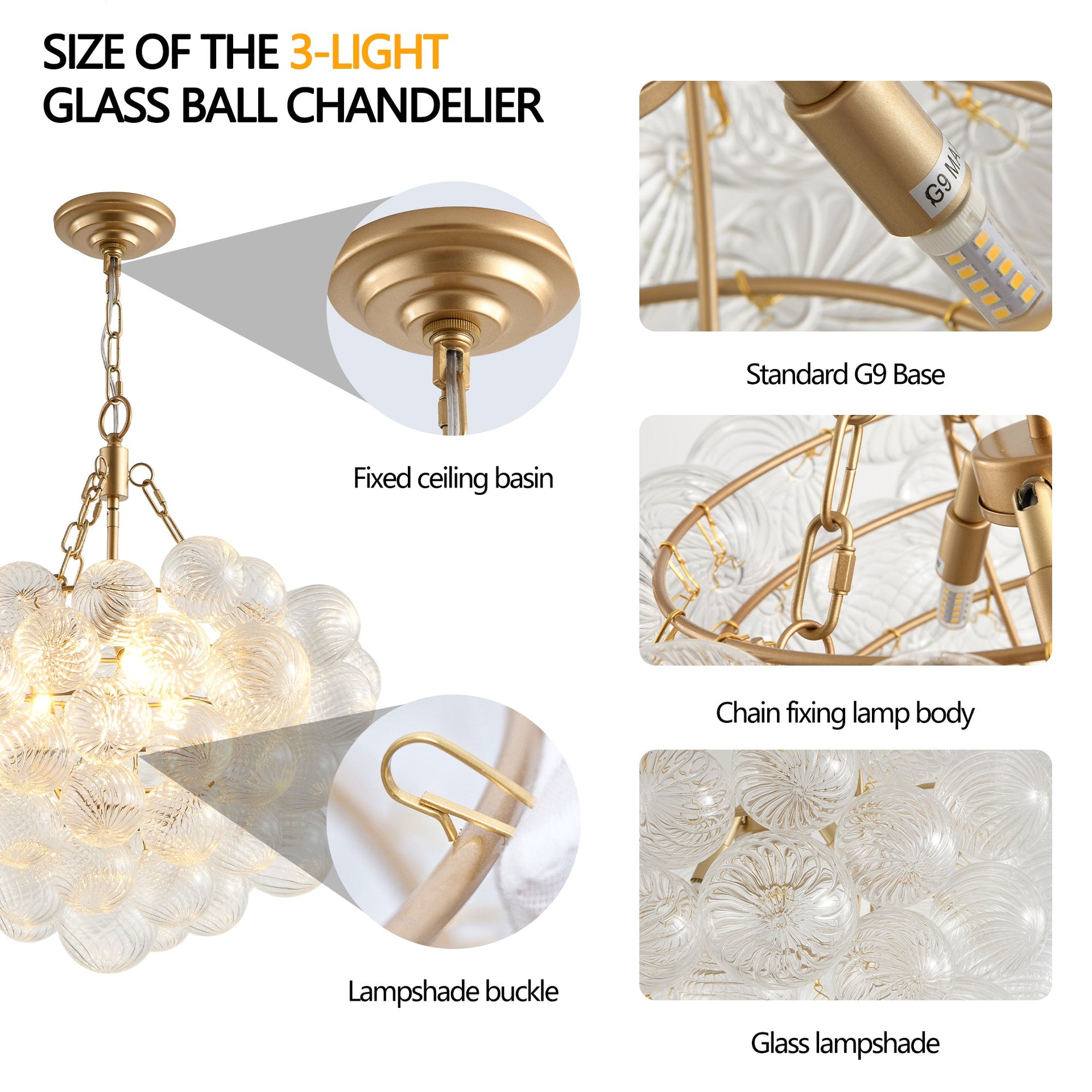 Gold Pendant Chandelier with Threaded Clear Glass Globe Shade for Living, Dining & Kitchen