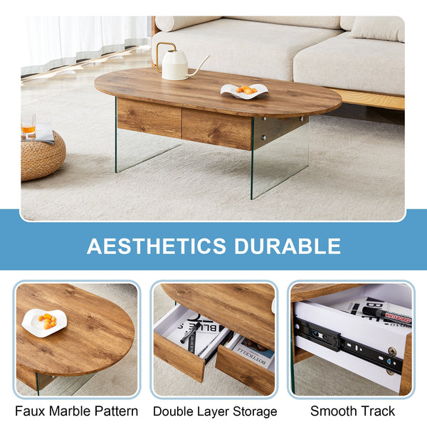 Elegant Coffee Table with Double Drawers and Transparent Glass Sides in MDF and Glass