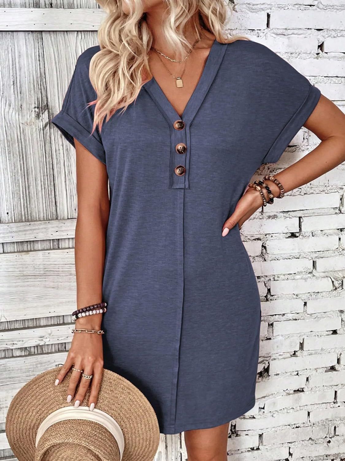 Elegant Button V-Neck Short Sleeve Dress Flattering Casual & Office Wear Simple Dress