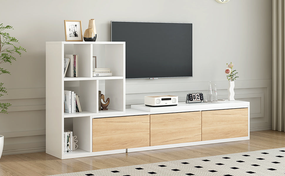 Wide-angle view of Extendable TV Stand with 3 Tier Bookshelves in a bright living room, blending seamlessly with contemporary decor.