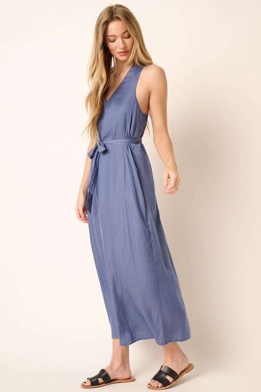 Cross Back Belted V-Neck Tank Maxi Dress For Women – Effortlessly Chic Elegant and Flattering Maxi Dress with Unique Cross Back Detail