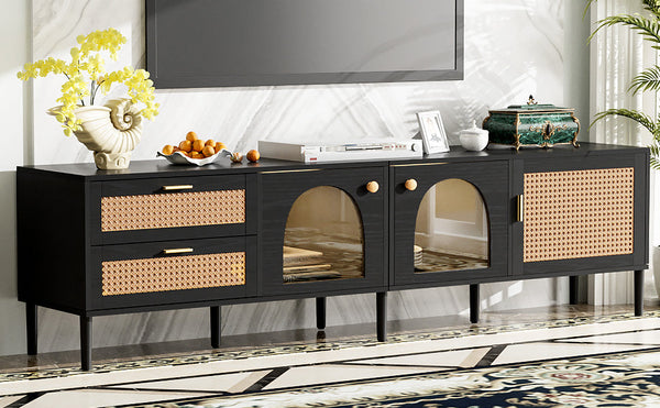 Rattan TV Stand with 3 Cabinets & 2 Drawers, Rattan-inspired Media Console Table for TVs up to 80'', LED Light Entertainment Center, TV cabinet for Living room, Bedroom, Home Theatre