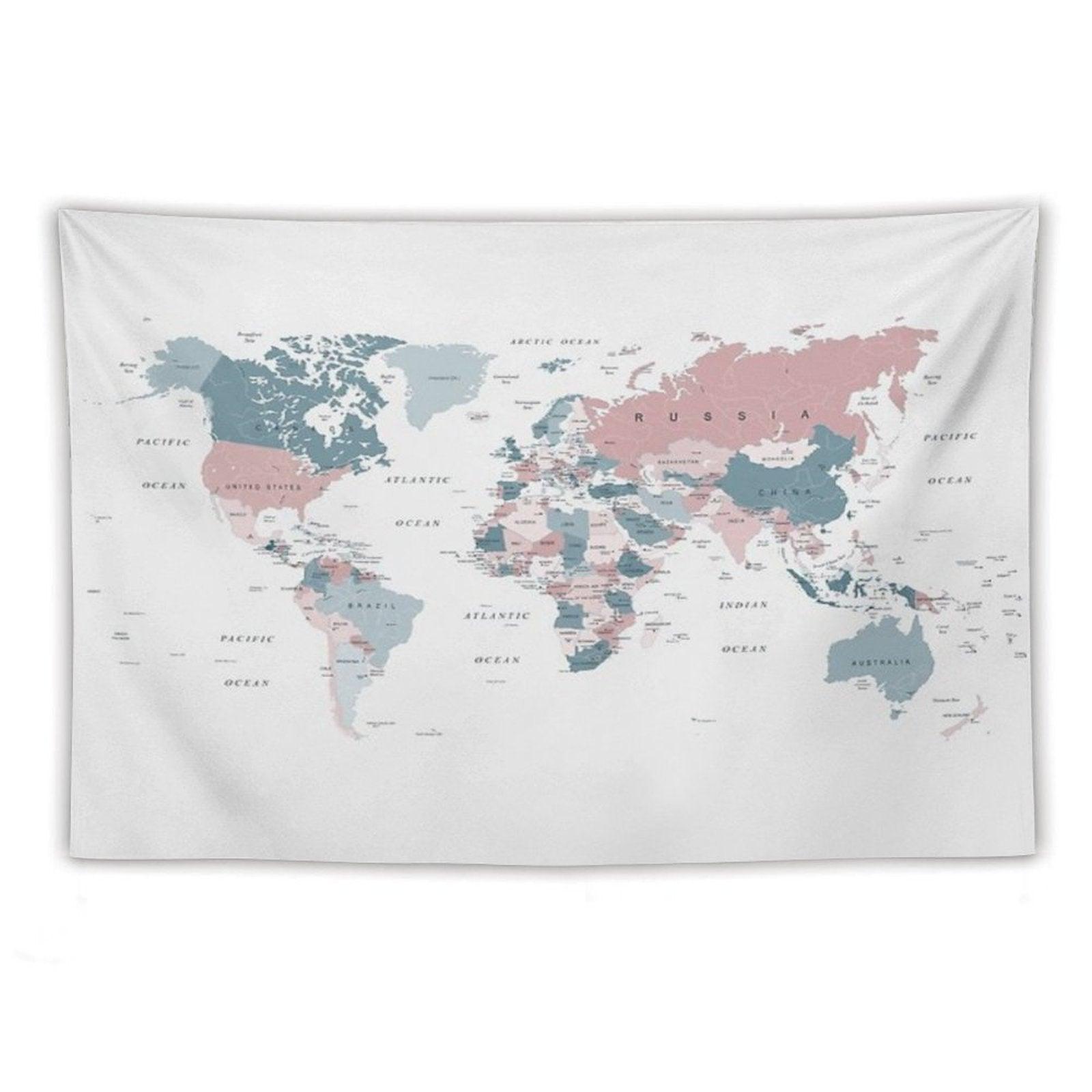 Map of The World in Pink And Blue Tapestry