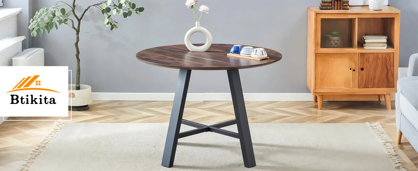 Modern minimalist round dining table and coffee table. 42 Inch Diameter MDF Table Top, Deep Wood Grain Table Top, Black Metal Legs, Fits Home & Office F-1172