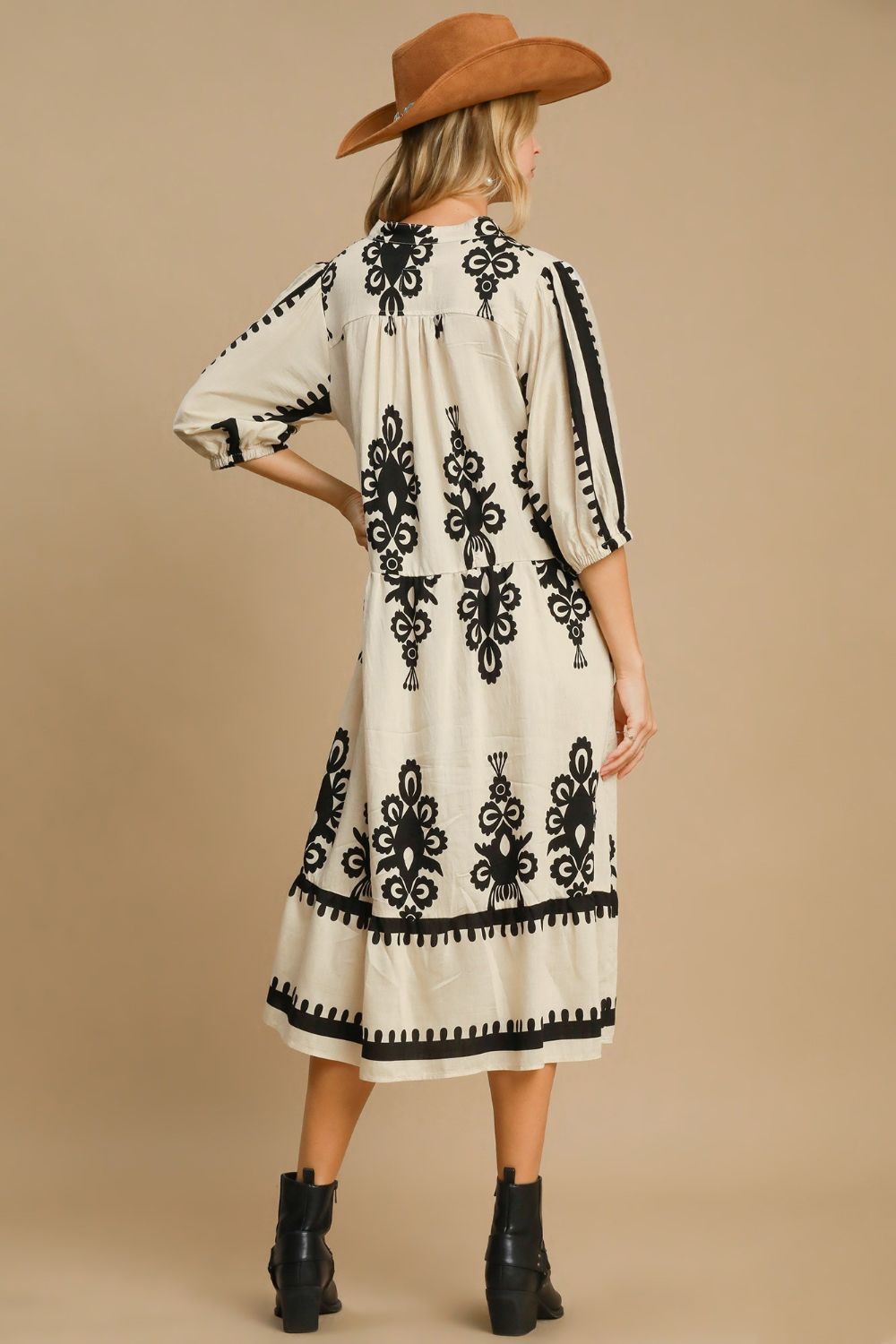 Vintage Cream Printed Midi Dress Timeless & Elegant Dress For Women Classic Design Dress