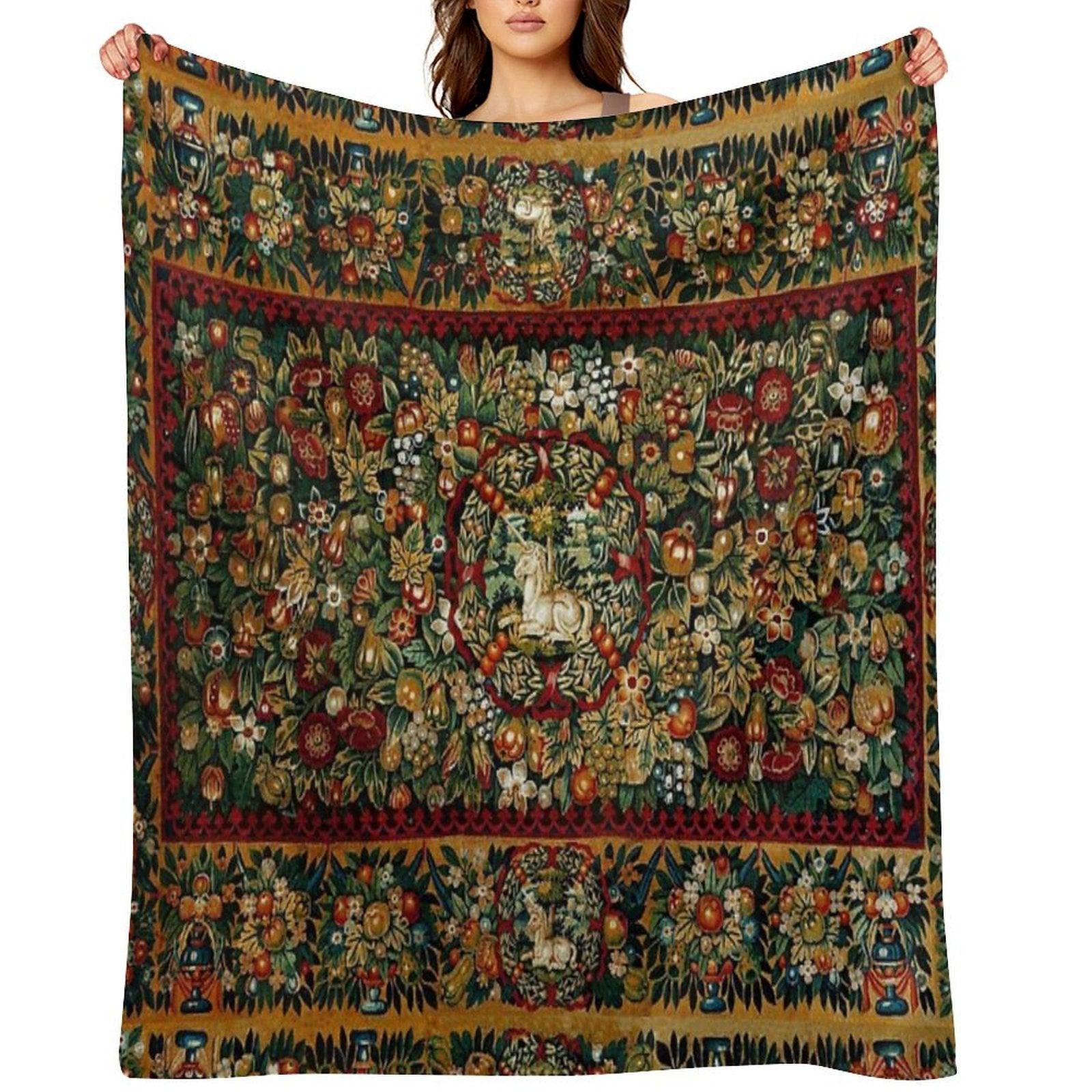Medieval Unicorn Floral Tapestry Throw Blanket