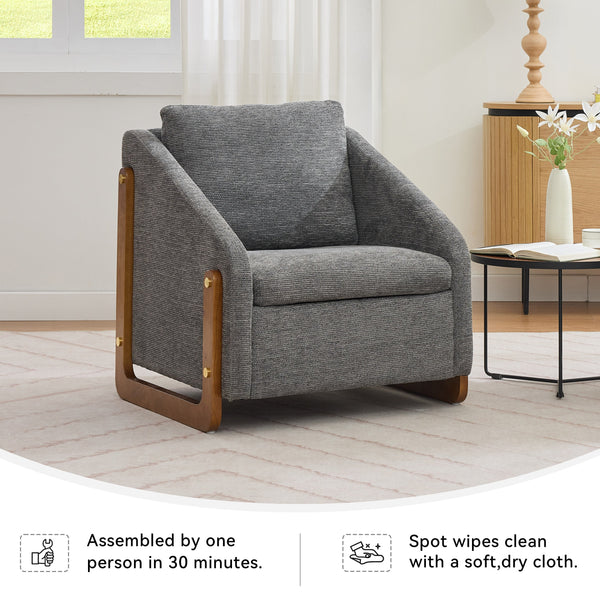 Modern Chenille Upholstered Armchair with Wooden Side Frame in Gray