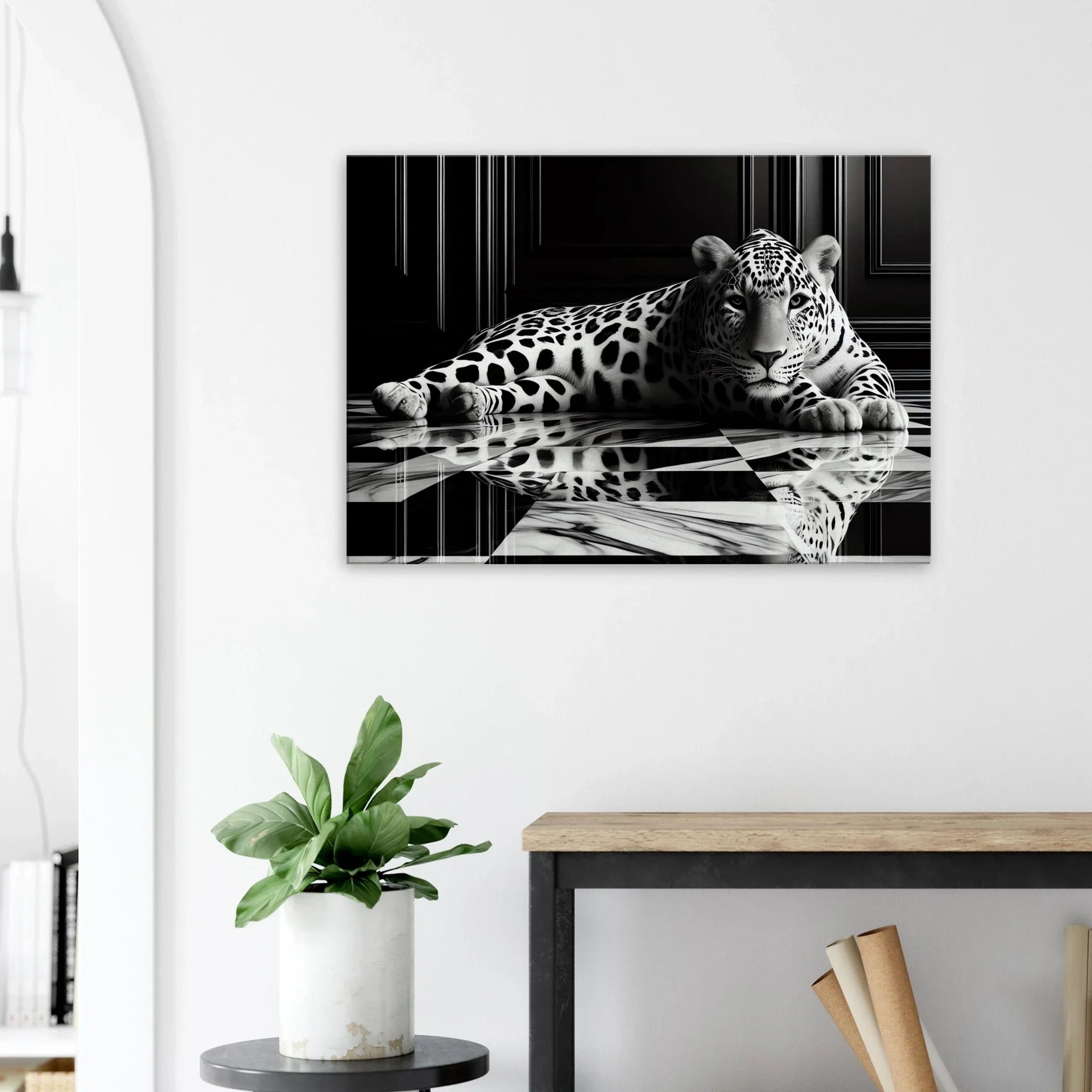 Leopard Canvas Art Print – Striking Design on Black & White Checkered Marble Floor