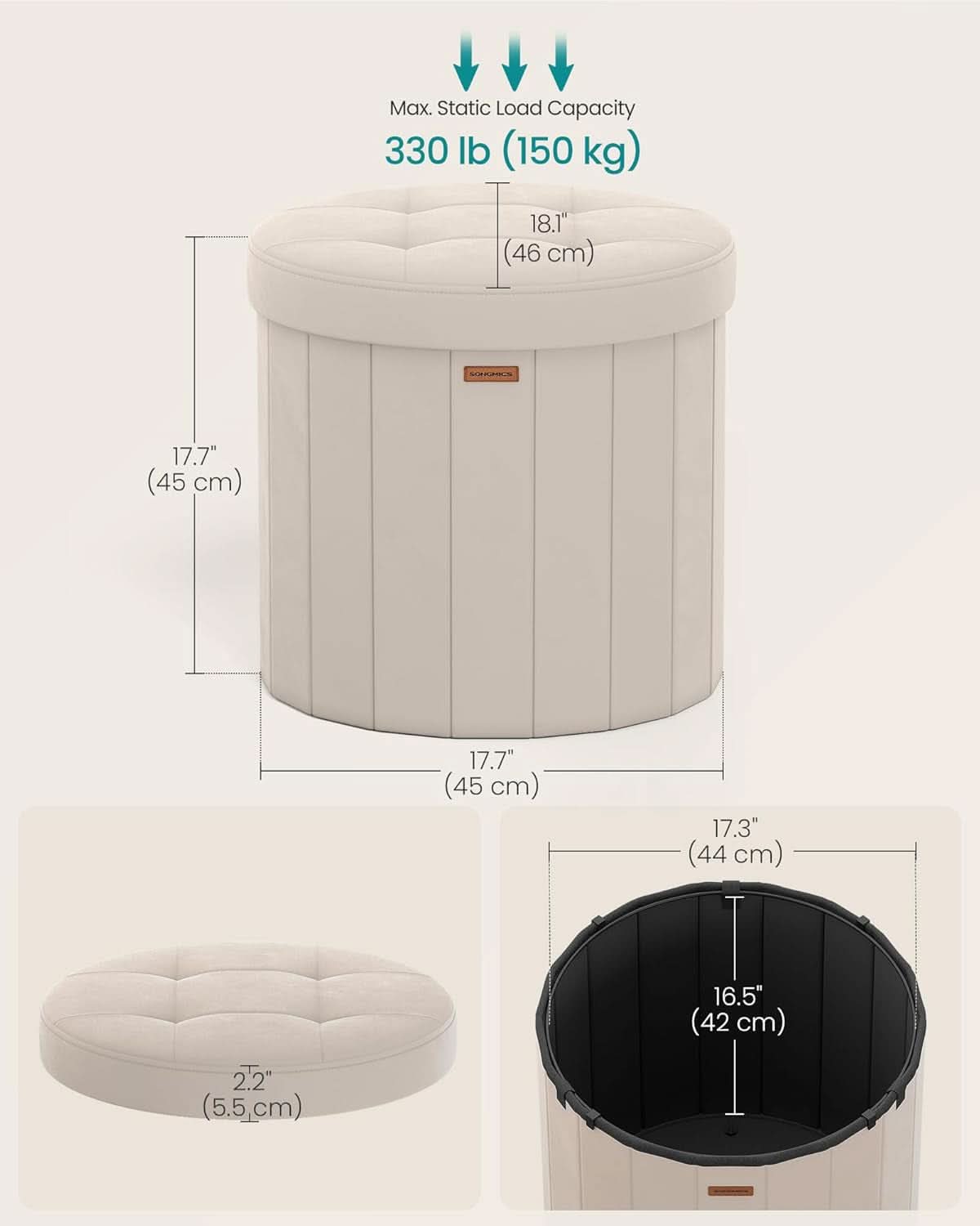 Round Folding Storage Ottoman Cappuccino Beige Velvet