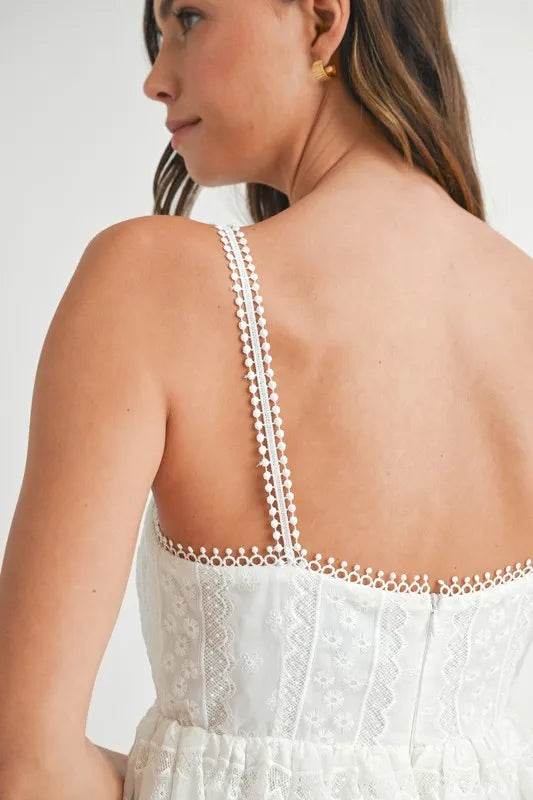 Eyelet Lace Babydoll Mini Cami Dress – Feminine Eyelet Lace Dress, Fluttering, Bohemian Babydoll Silhouette, Breezy Summer Dress, Casual Day Out Dress