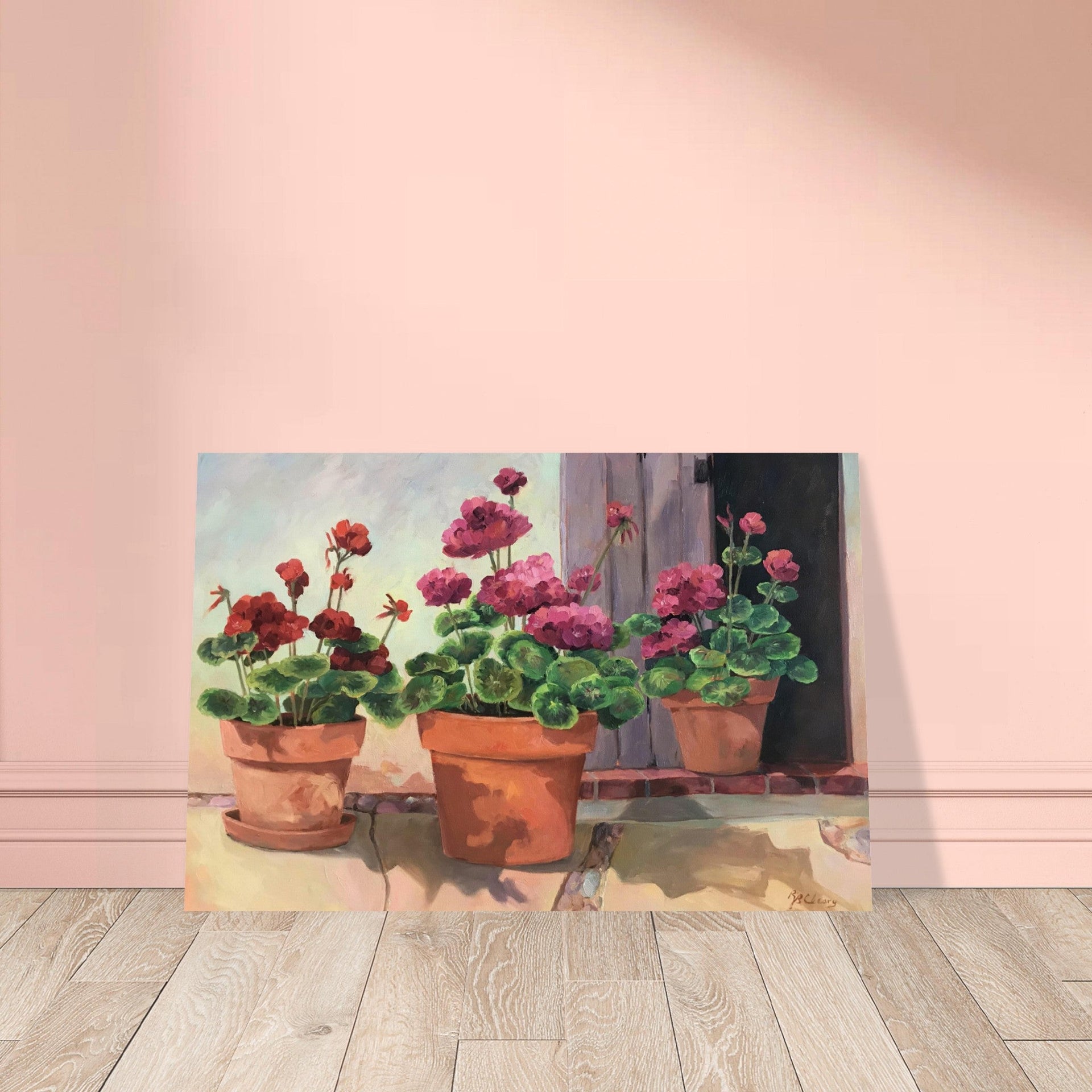 'Potted Red Geraniums Series 2' Floral I 16x24 Museum-Quality Matte Paper Poster I Original Artwork by American Artist Barbara Cleary