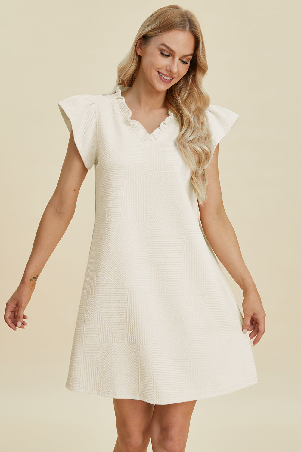 Double Take Full Size Ruffled V-Neck Cap Sleeve Dress – Ruffled V-Neck Dress, Cap Sleeve Dress, Elegant Ruffled Dress, Flattering V-Neck Dress, Stylish Full-Size Dress, Comfortable Ruffle Dress, Chic Cap Sleeve Dress