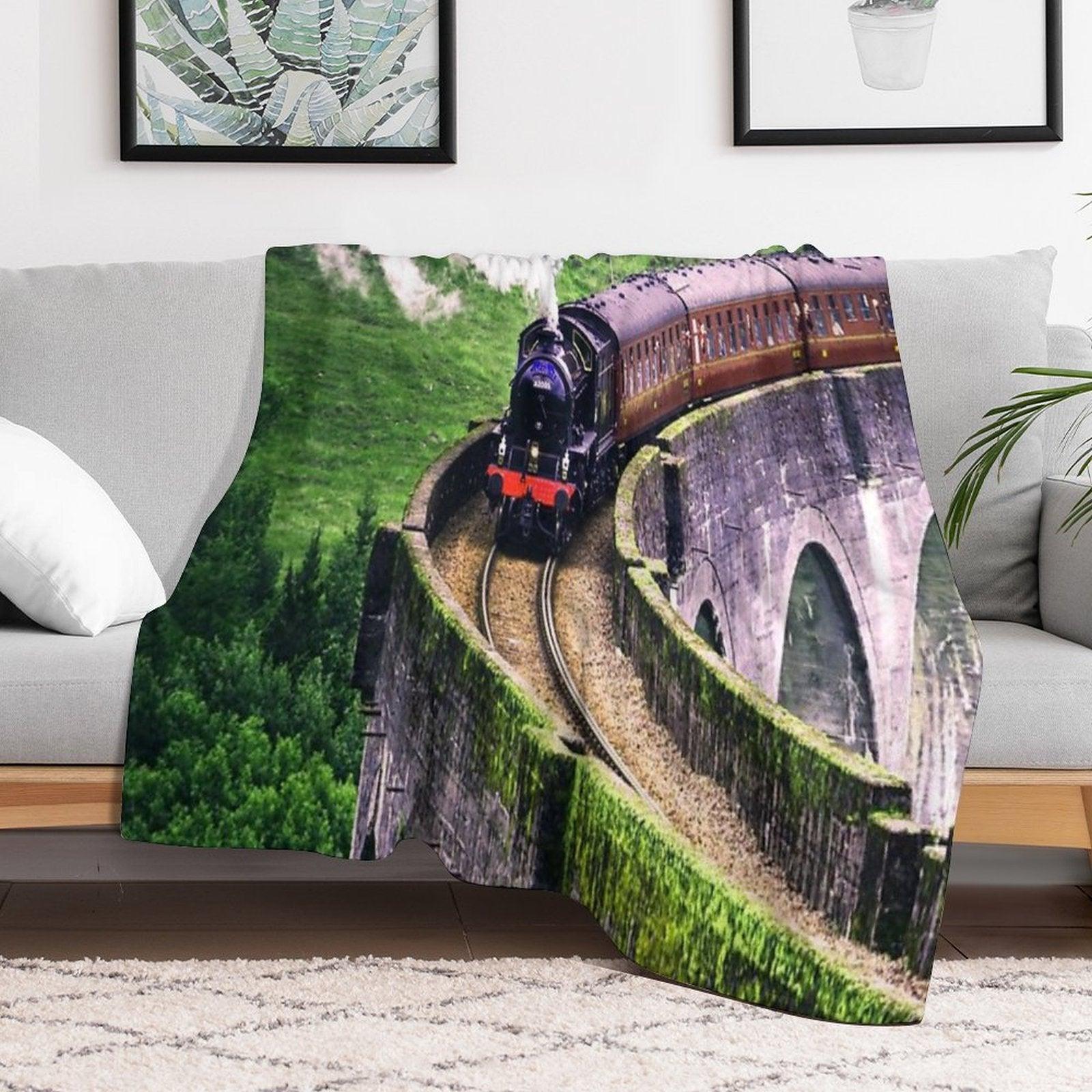 Locomotive Train on Bridge Throw Blanket