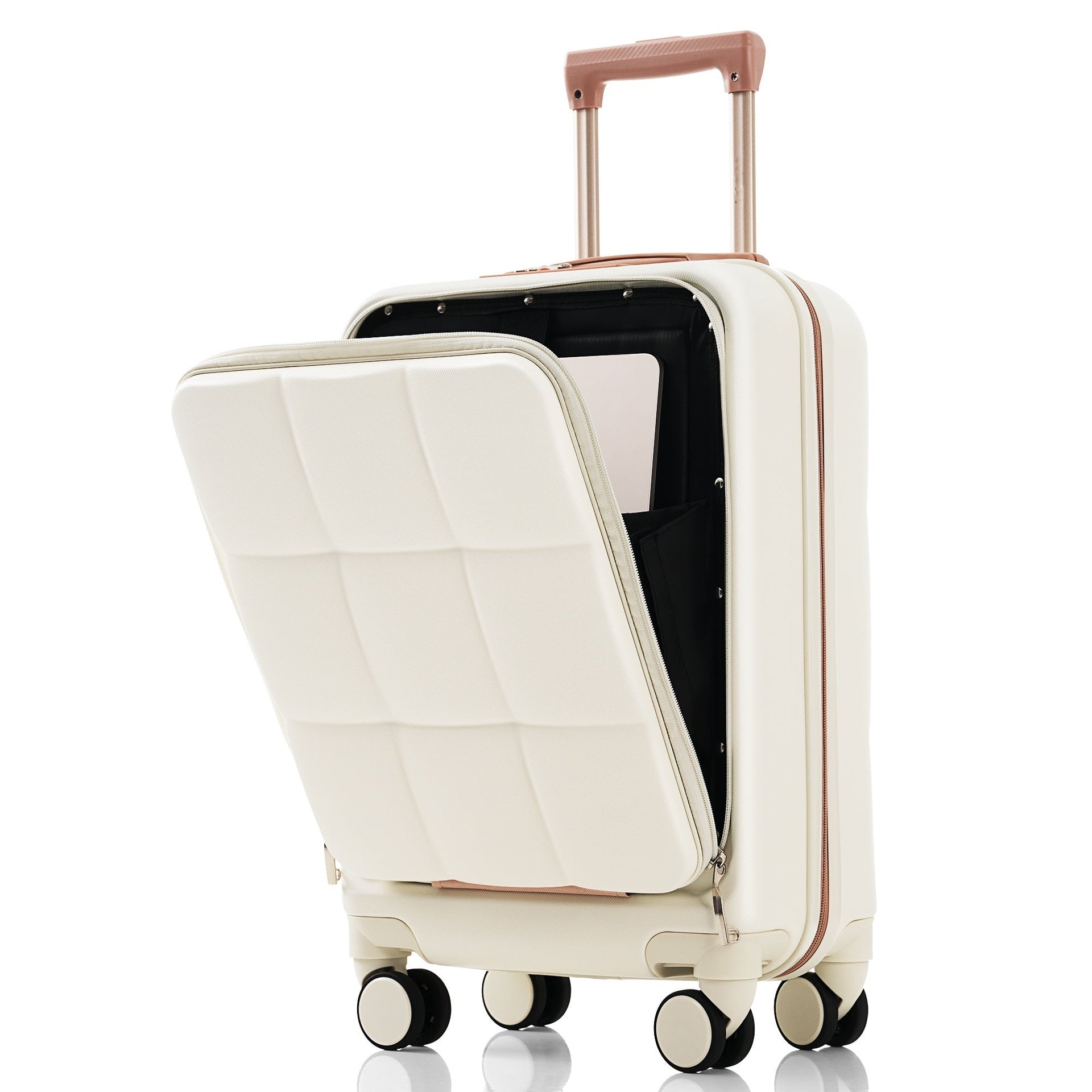 Luggage Sets 3 Piece, 20-inch with USB Port and front opening design,  ABS Hard Shell Luggage with Spinner Wheels, Cup Holder, white